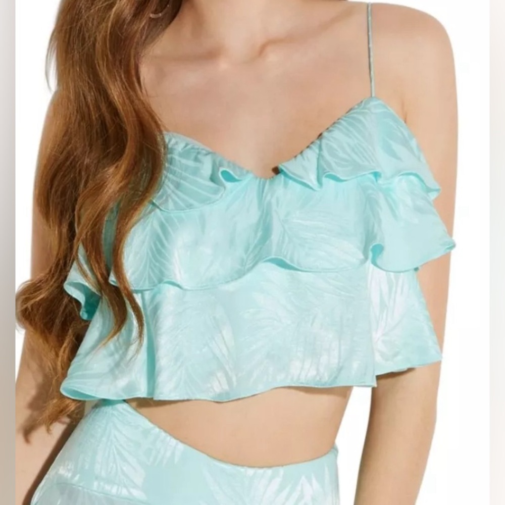 Guess Aqua Ruffled Satin Smocked V Neck Crop Top Cami Leaf Pattern Size M. NWT.